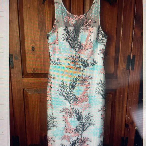 Nicole Miller NY Cocktail Dress Sheer Mesh Embroidered Aqua Mist Coral White 12 - Picture 12 of 12